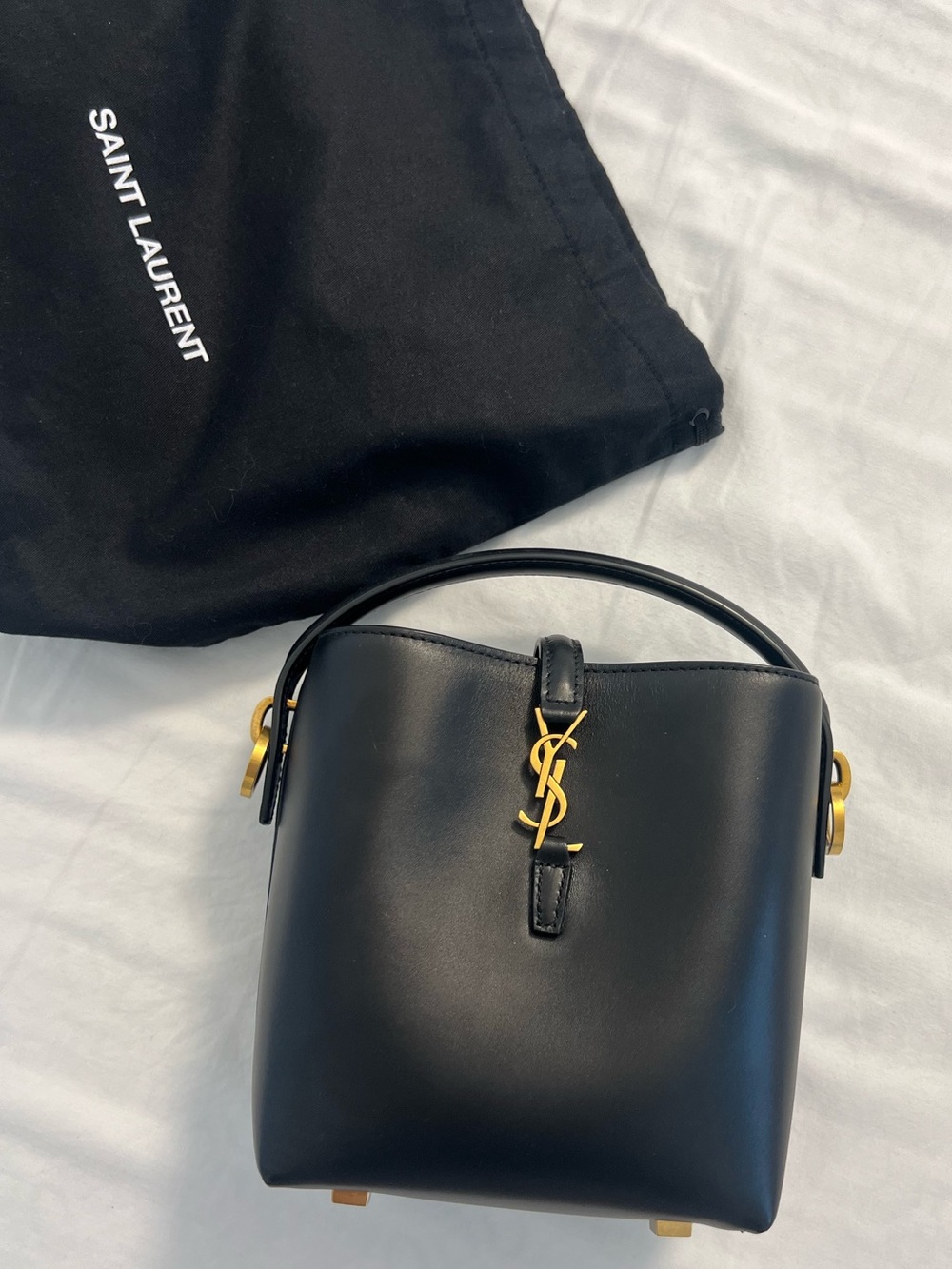 Saint Laurent Black Leather Mini Bucket Bag with Gold YSL Hardware (authentic)